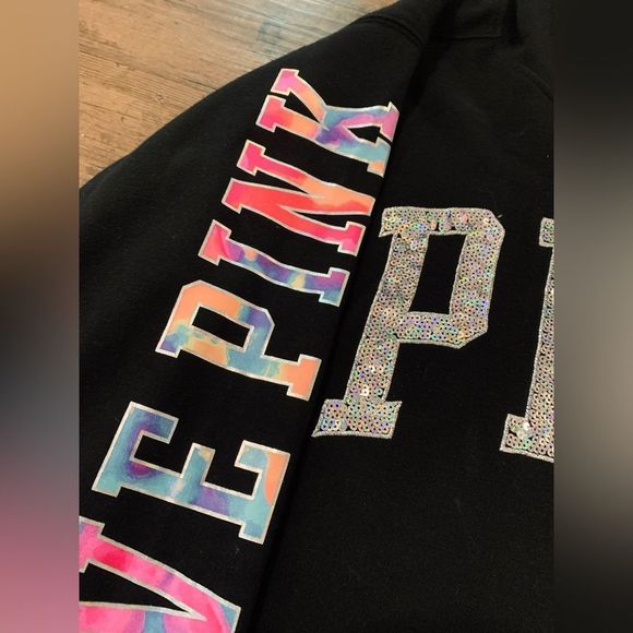 PINK VS HTF WATERCOLOR BLING HOODIE/ IRIDESCENT JOGGERS OUTFIT SET LARGE - Picture 10 of 12